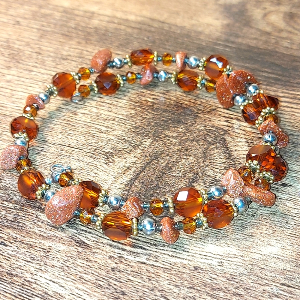 Goldstone & Amber Glass Bead Wrap Around Bracelet